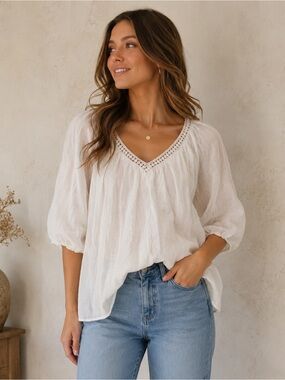 Elena Baldi Made in Italy Cream Boho Blouse Size Small Crochet Trim‎ Top